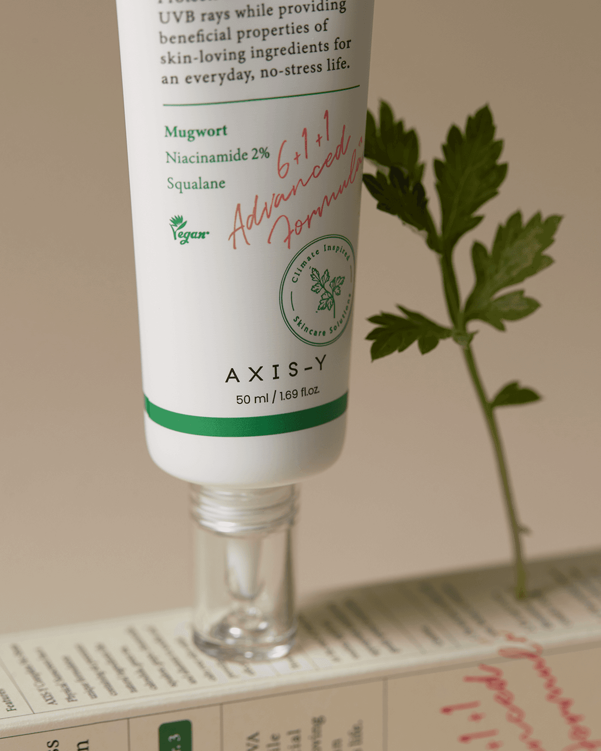 OTC version Complete No-Stress Physical Sunscreen V.3 standing on its packaging, emphasizing its advanced formula with Mugwort, Niacinamide, and Squalane.