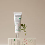 Complete No-Stress Physical Sunscreen standing on its packaging with a fresh green leaf, emphasizing its natural and protective ingredients.