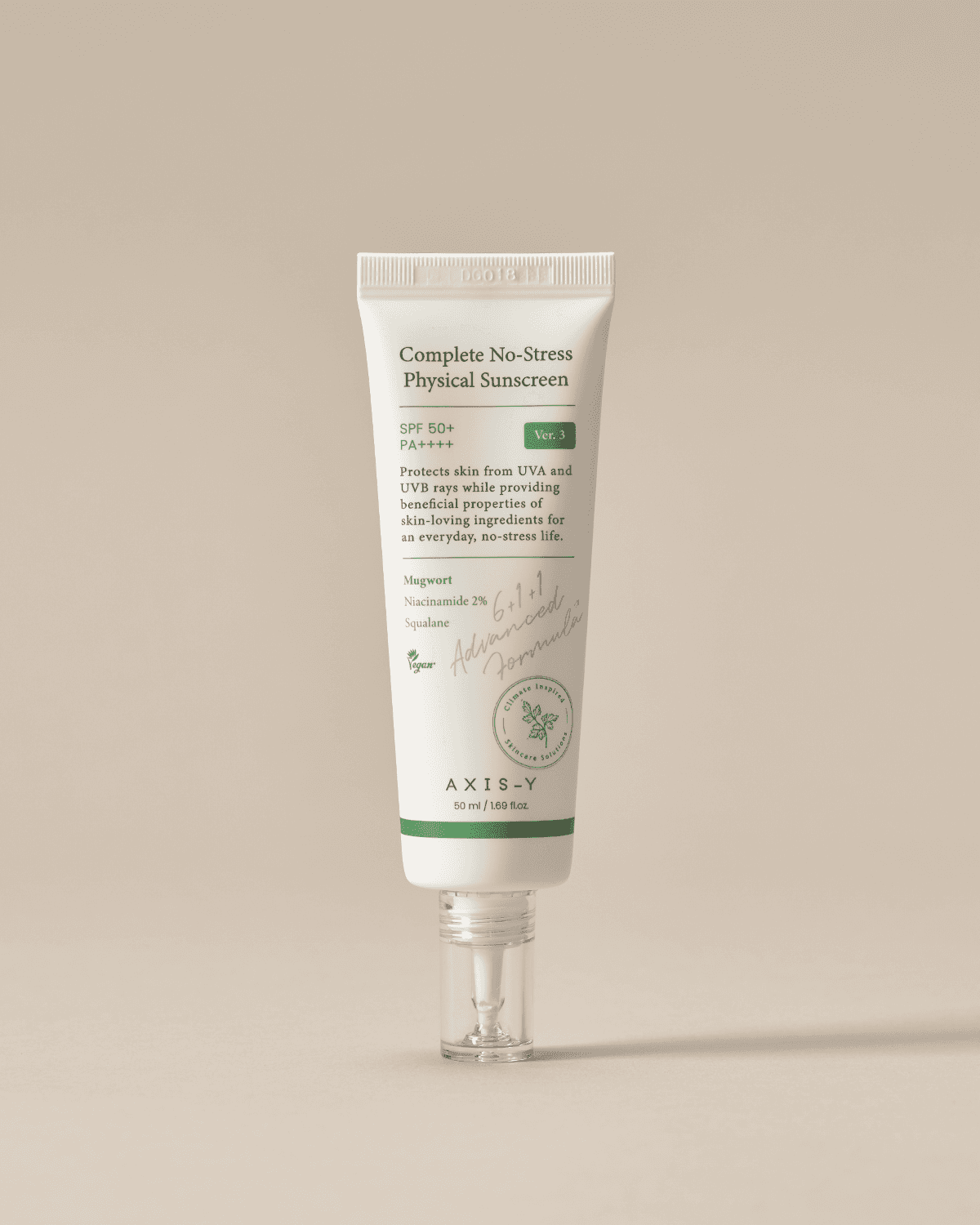 OTC version Complete No-Stress Physical Sunscreen V.3 in a white tube with green accents, featuring SPF 50+ PA++++ protection and skin-nourishing ingredients.