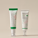 Glow & Protect skincare duo featuring a dark spot correcting serum and a no-stress physical sunscreen in sleek green and white tubes.